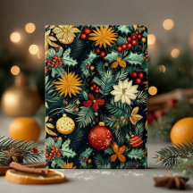 Follaje clásico de Navidad con acento rojo y dorad