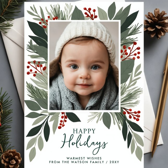 Follaje de invierno Verde Navidad Felices Fiestas  (Winter Foliage Greenery Happy Holidays Photo Holiday Card)