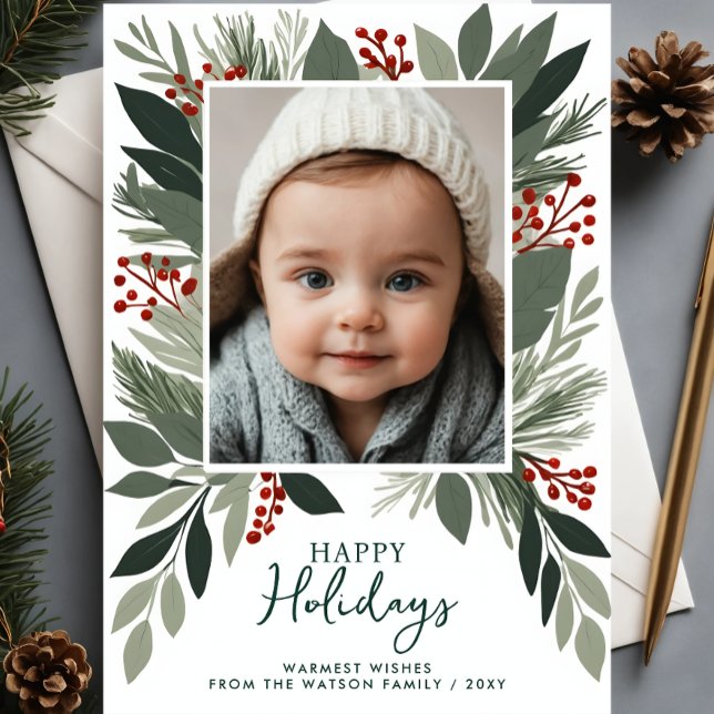 Follaje de invierno Verde Navidad Felices Fiestas  (Winter Foliage Greenery Happy Holidays Photo Holiday Card)