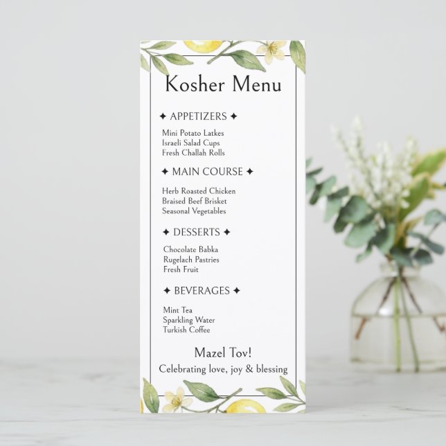 Follaje de limón, menú de boda judía, comida koshe (Anverso de pie)