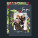 Follaje de Navidad azul tradicional foto rústica<br><div class="desc">Feliz tarjeta de Navidad de vacaciones de azul marino foto. Hermoso follaje pintado con acuarela y texto con letra moderna. Parte de una colección.</div>