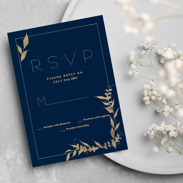 Follaje de oro azul marino de lujo RSVP Invitación (Luxury navy blue gold foliage RSVP)