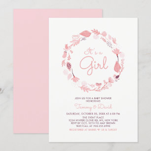 Follaje Rosa   Invitación de Cumpleaños para Baby 