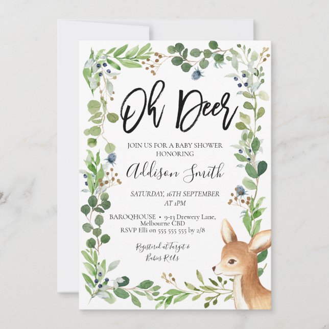 Follaje verde azul Oh invitación a Baby Shower de  (Anverso)