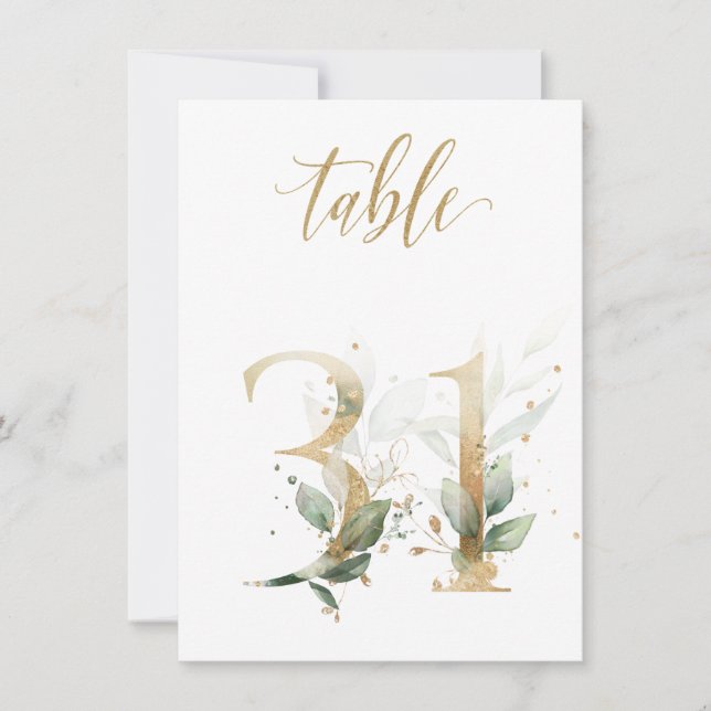 Follaje verde y dorado al acuarela, número de mesa (Anverso)