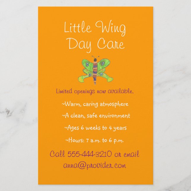 Folleto de cuidado infantil con tema de mariposa (Frente)