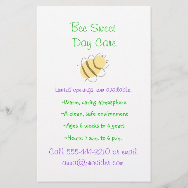 folleto de cuidado infantil tema abeja (Frente)