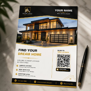 Folleto de diseño QR de bienes raíces de oro negro