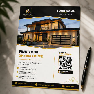 Folleto de diseño QR de bienes raíces de oro negro
