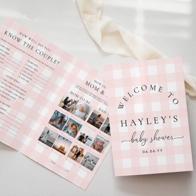 Folleto de juego de Baby Shower de Gingham rosa (Baby Shower Game Booklet Pink Gingham Check )