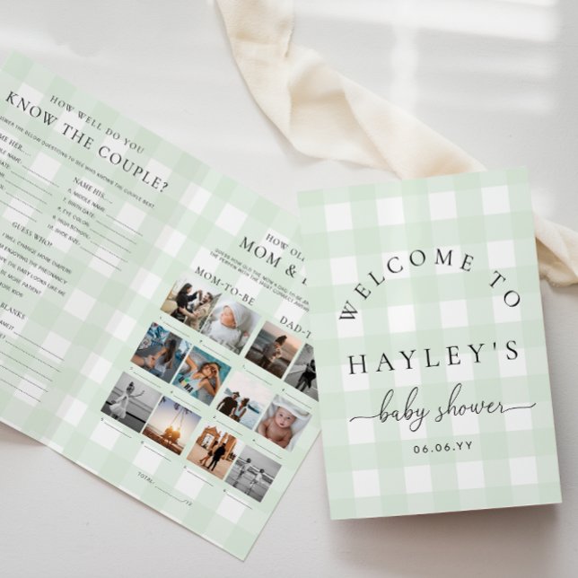 Folleto de juego de Baby Shower Mint Green Gingham (Baby Shower Game Booklet Mint Green Gingham Check )