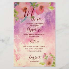 Folleto de menú boda floral de acuarela rosa hecha