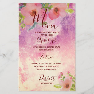 Folleto de menú boda floral de acuarela rosa hecha