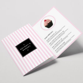 Folleto de menú de panadería con rayas rosadas y b