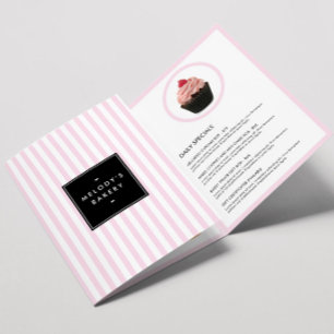 Folleto de menú de panadería con rayas rosadas y b