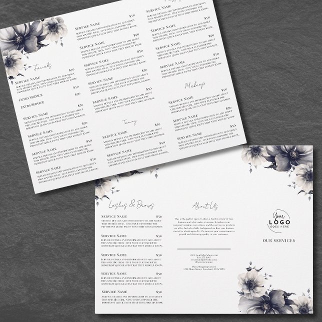 Folleto de Menú de Servicios de Spa Elegante en Bl (Elegant Black White Spa Services Menu Bochure Flyer )