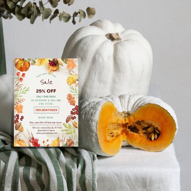 folleto de promoción de venta de vacaciones floral (floral holiday sale promotion flyer. orange and brown autumn sale promotion marketing flyer.)