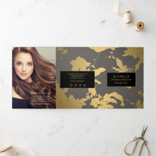 Folleto de Salón Gris con Patrón Floral Dorado Ele