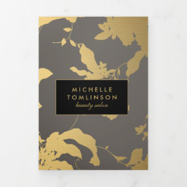 Folleto de Salón Gris con Patrón Floral Dorado Ele