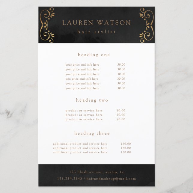 folleto de servicio y precio de seda negra con flo (Anverso)