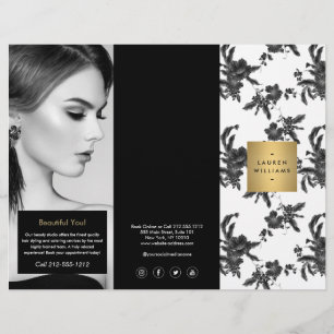 Folleto de tres vueltas con patrón floral negro vi