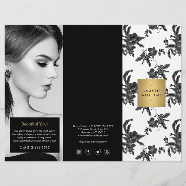 Folleto de tres vueltas con patrón floral negro vi (Frente)