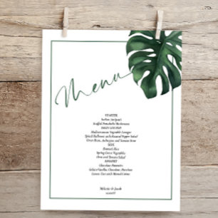 Folleto del menú Boda de hojas de monastera tropic