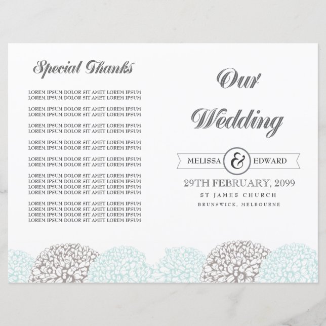 Folleto del Programa de Boda de Flores de Aqua Vin (Anverso)