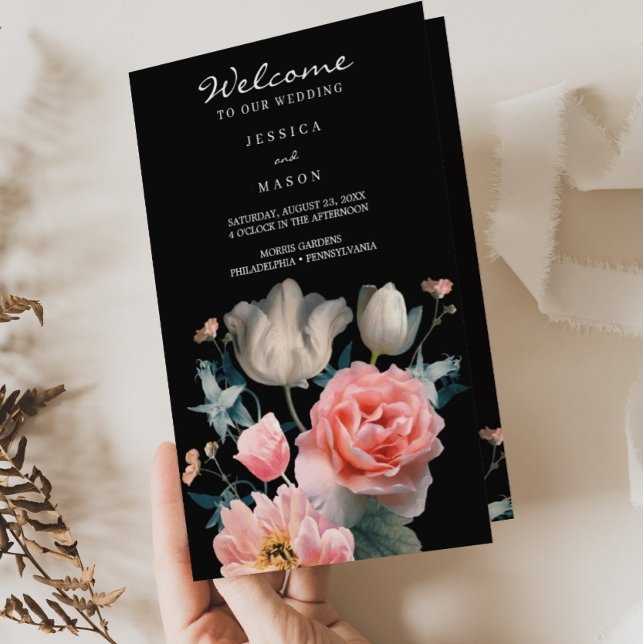 Folleto del programa de boda romántica floral pleg (Subido por el creador)
