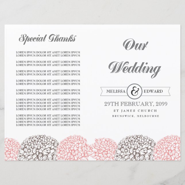 Folleto del programa de bodas de flores rosadas an (Anverso)