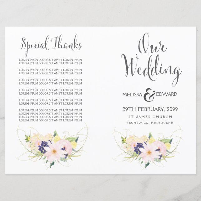 Folleto del programa de matrimonio acuático floral (Anverso)