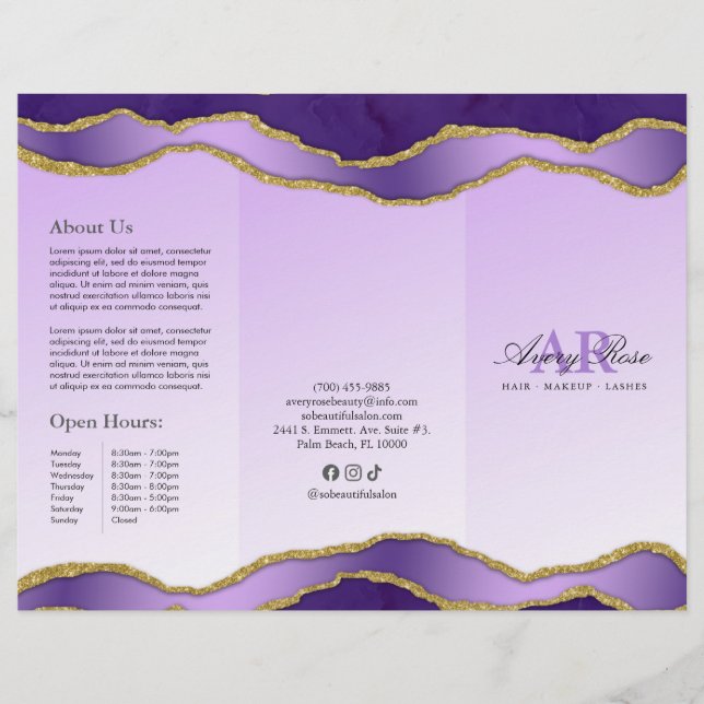 Folleto del Salón de Belleza Violet & Gold Marble  (Anverso)