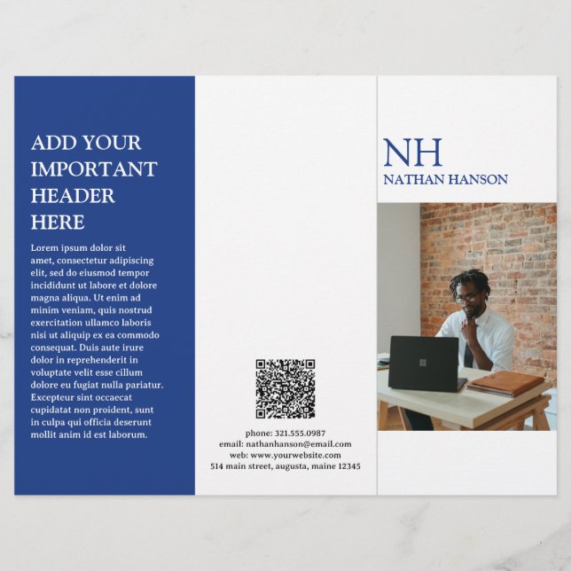 Folleto moderno monograma azul simple (Anverso)