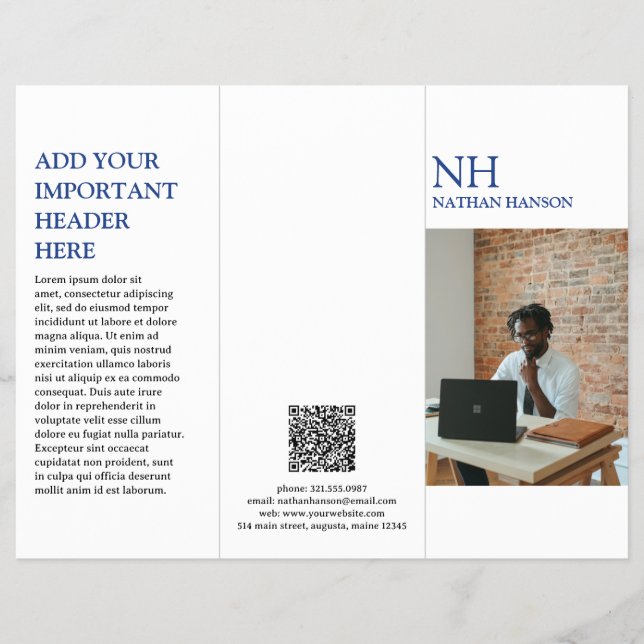 Folleto moderno monograma azul simple (Frente)