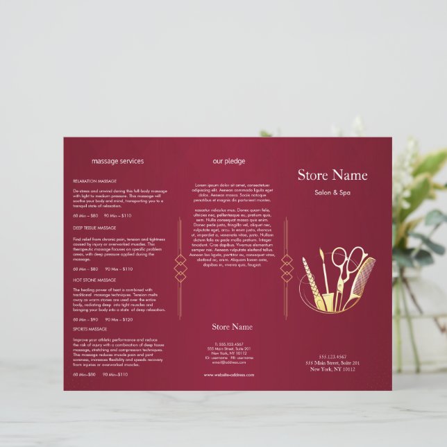 Folleto tríptico de Salón de Belleza Burgundy Wine (Anverso de pie)