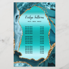 folleto verde azulado de la lista de precios de lo