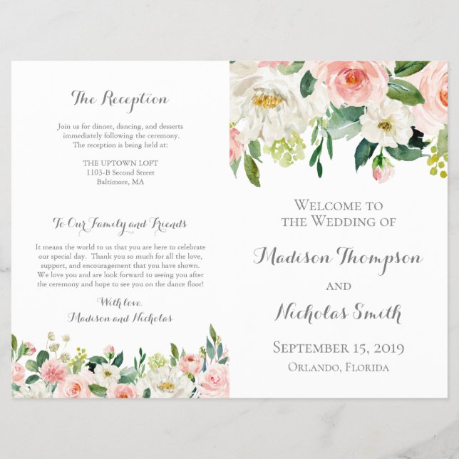 Folletos del Programa de Bodas de Flores Blancas y (Frente)