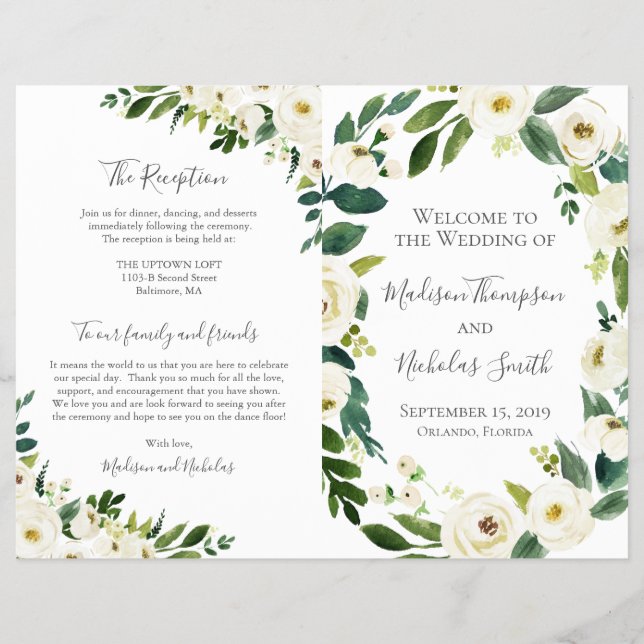 Folletos del programa de bodas de flores blancas y (Frente)