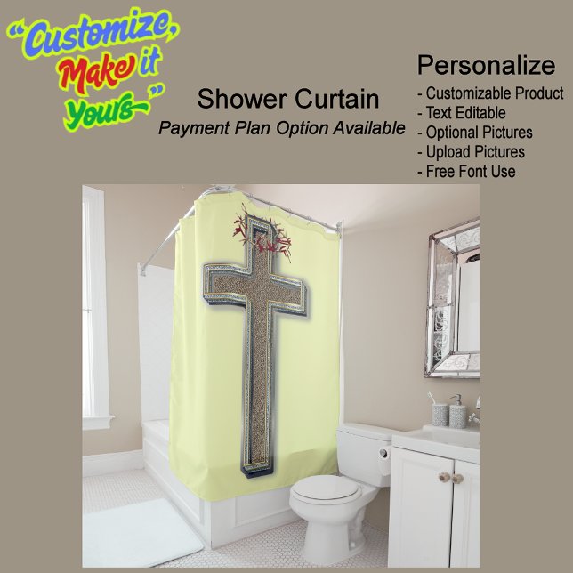Fondo amarillo de la cortina de ducha (Cross Biblical Shower Curtain Featuring a Yellow Background.)