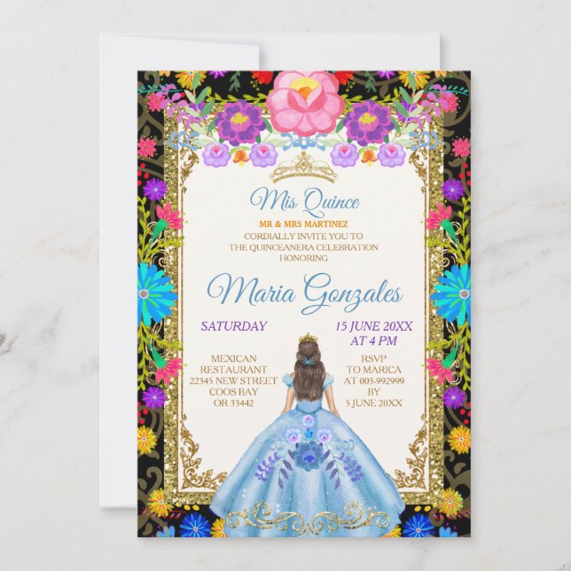 Fondo Azul Bebé Invitación Mexicana Mi Quince (Anverso)