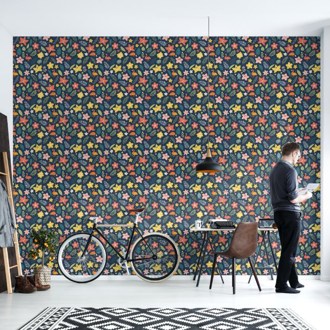 Fondo azul con papel pintado de flores tropicales (Sala de estar)
