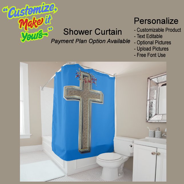 Fondo azul de la cortina de ducha (Cross Biblical Shower Curtain Featuring a Blue Background.)