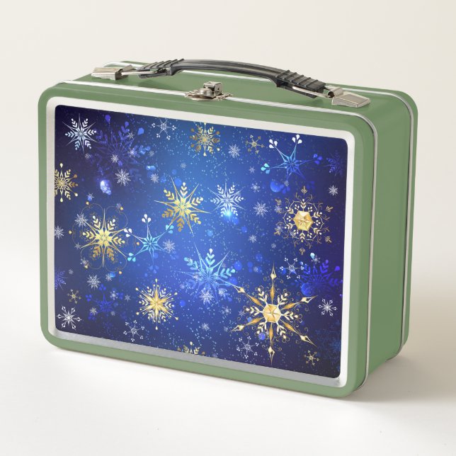 Fondo azul XMAS con copos de nieve dorados (Anverso)