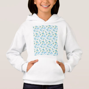 fondo blanco con flores azules y pulga verde