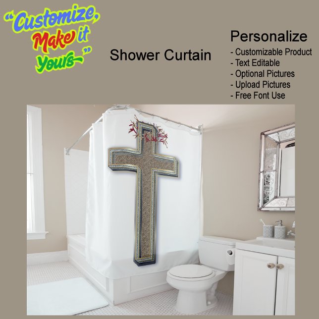 Fondo blanco de la cortina de ducha (Cross Biblical Shower Curtain Featuring White Background.)