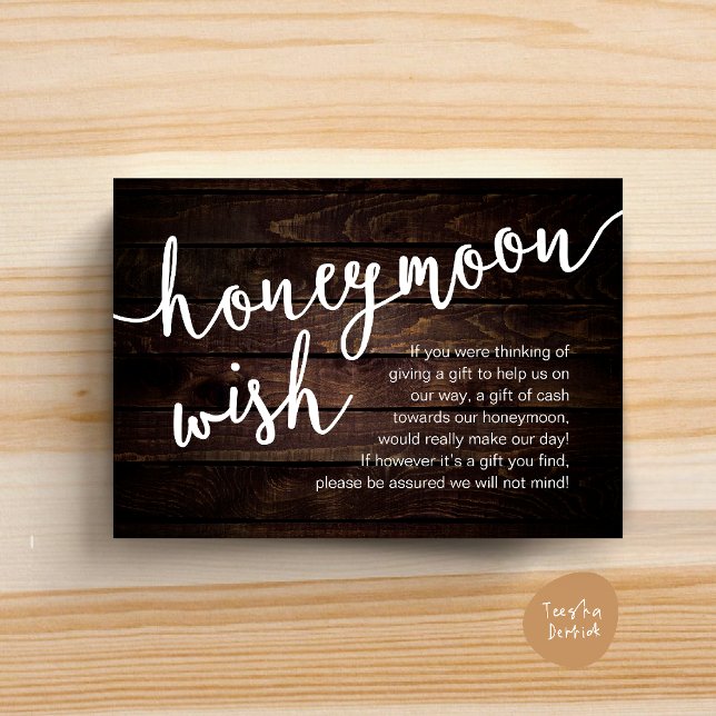 Fondo de Dinero para la Luna de Miel, una nota sob (Honeymoon Fund Cash Wish, a note on gifts Enclosure Card Rustic Dark Wood)