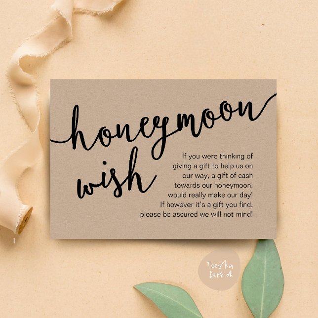 Fondo de Dinero para la Luna de Miel, una nota sob (Honeymoon Fund Cash Wish, a note on gifts Enclosure Card Rustic Brown Kraft Background)