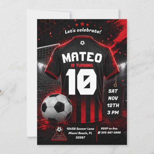 Fondo de invitación de cumpleaños de fútbol rojo (Anverso)