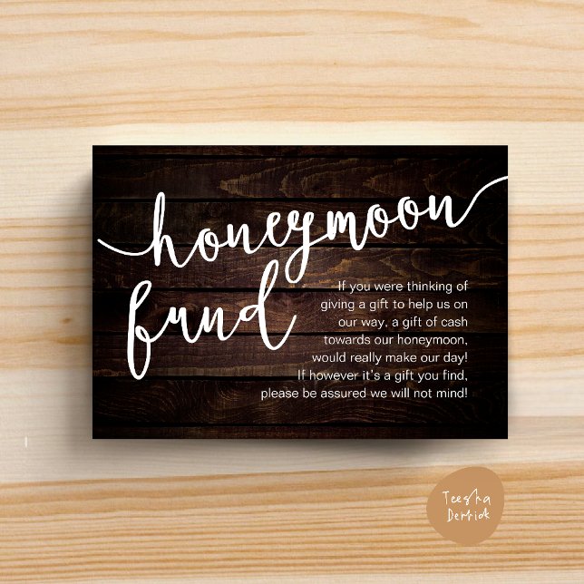 Fondo de luna de miel Cash Wish, una nota sobre re (Honeymoon Fund Cash Wish, a note on gifts Enclosure Card Rustic Dark Wood)