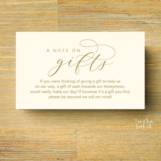 Fondo de Luna de Miel de Boda, Una Nota sobre Rega (Wedding Honeymoon Fund, A Note on Gifts, Wish, Cash, Modern Minimal Enclosure Card in Yellow Gold)